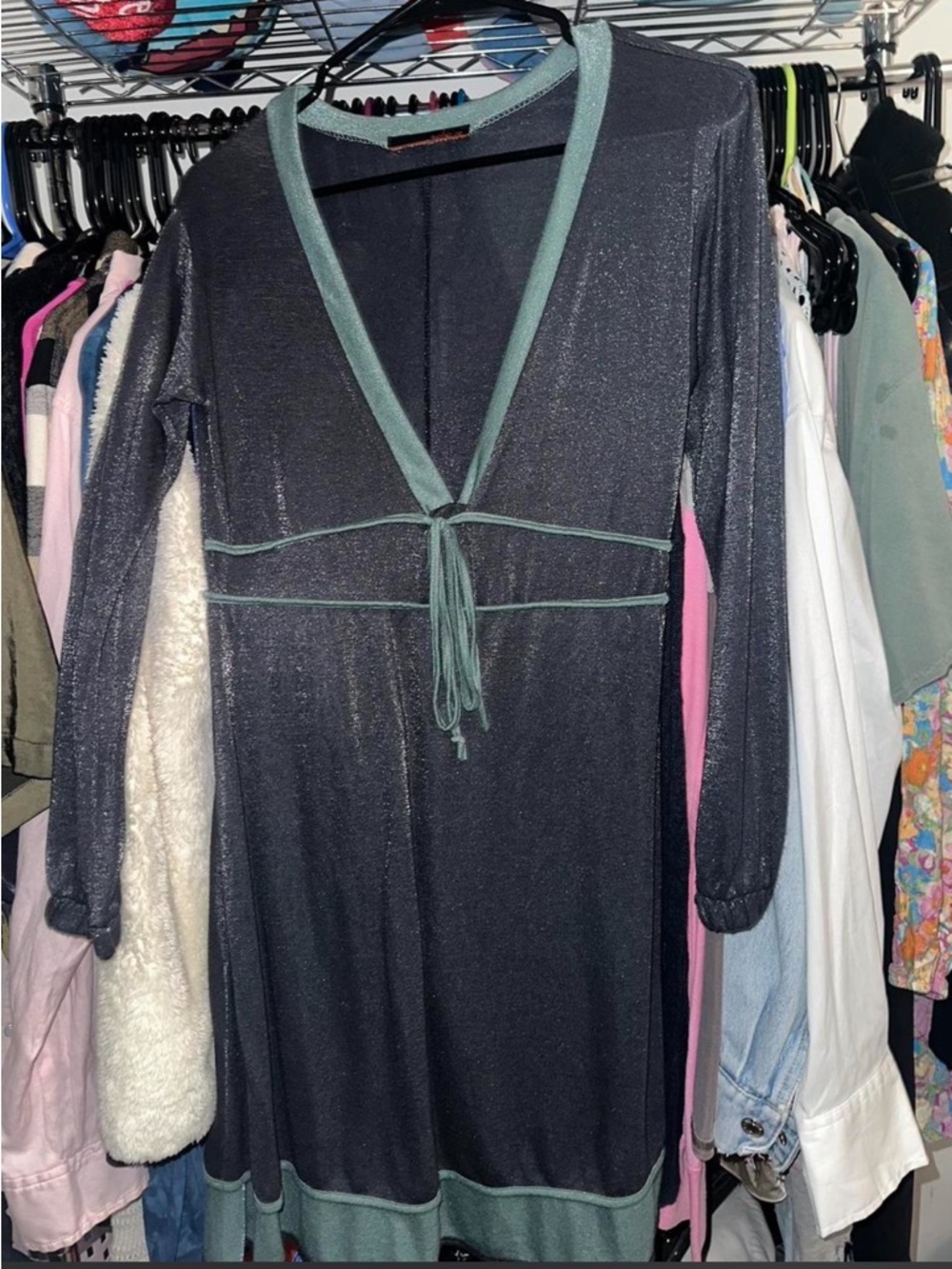 Soho 20 vintage Long Sleeve V-Neck Metallic Black Dress with Sage Trim